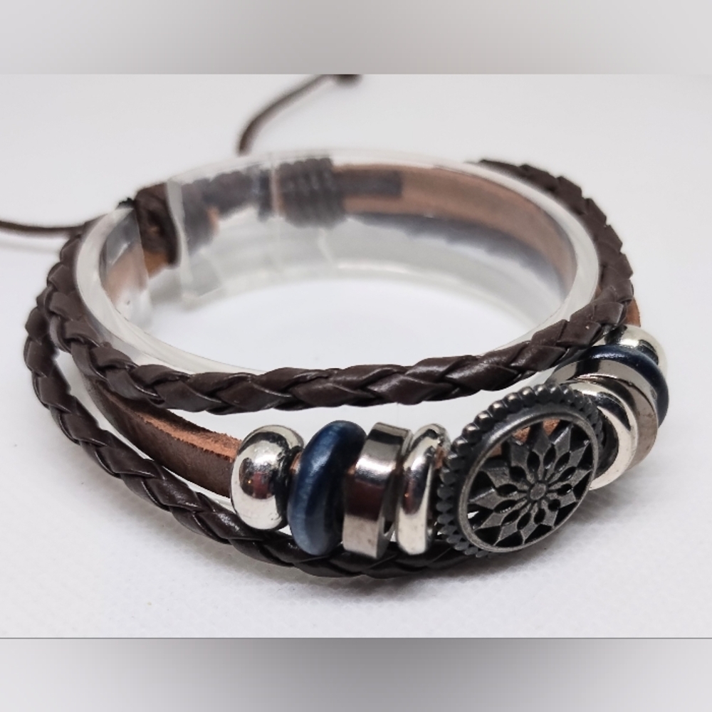 Men's Bracelet Leather Braided Layered Tribal New f67